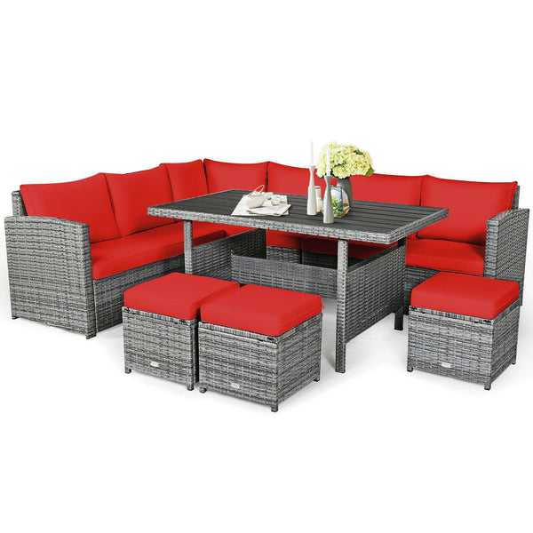 Packages include 3 loveseats  3 ottomans  1 table  6 seat cushions  7 back cushions  and instruction<br>Packages come in 4 boxes<br>Powder-coated steel structure provides strong durability and stability<br>All-weather and wear-resistant rattan ensures lon