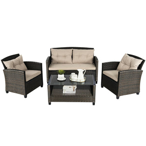 Consist of 2 single sofas  1 loveseat and a tea table <br>Ergonomics chair back and armrest shape design <br>Different combinations according to your needs <br>Sturdy steel frame  stable and not easy to shake <br>High quality PE rattan wicker  high-grade 