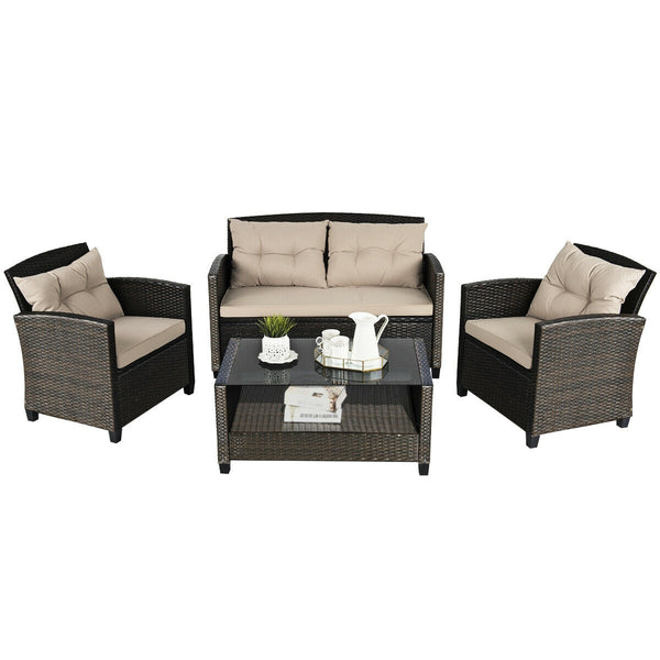Consist of 2 single sofas  1 loveseat and a tea table <br>Ergonomics chair back and armrest shape design <br>Different combinations according to your needs <br>Sturdy steel frame  stable and not easy to shake <br>High quality PE rattan wicker  high-grade 