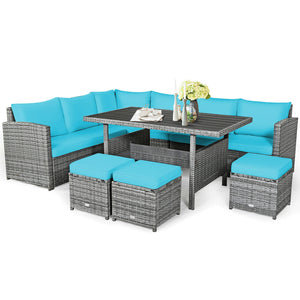 Packages include 3 loveseats  3 ottomans  1 table  6 seat cushions  7 back cushions  and instruction<br>Packages come in 4 boxes<br>Powder-coated steel structure provides strong durability and stability<br>All-weather and wear-resistant rattan ensures lon