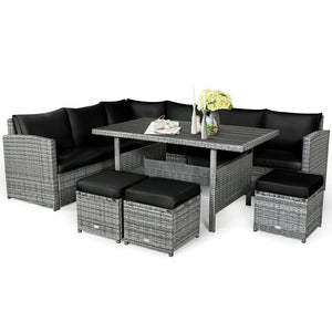 Packages include 3 loveseats  3 ottomans  1 table  6 seat cushions  7 back cushions  and instruction<br>Packages come in 4 boxes<br>Powder-coated steel structure provides strong durability and stability<br>All-weather and wear-resistant rattan ensures lon