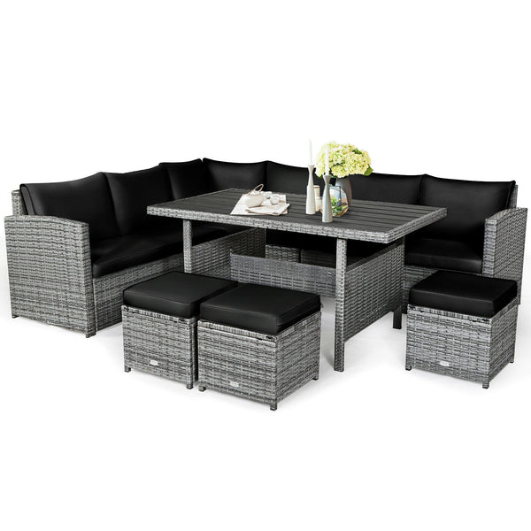 Packages include 3 loveseats  3 ottomans  1 table  6 seat cushions  7 back cushions  and instruction<br>Packages come in 4 boxes<br>Powder-coated steel structure provides strong durability and stability<br>All-weather and wear-resistant rattan ensures lon