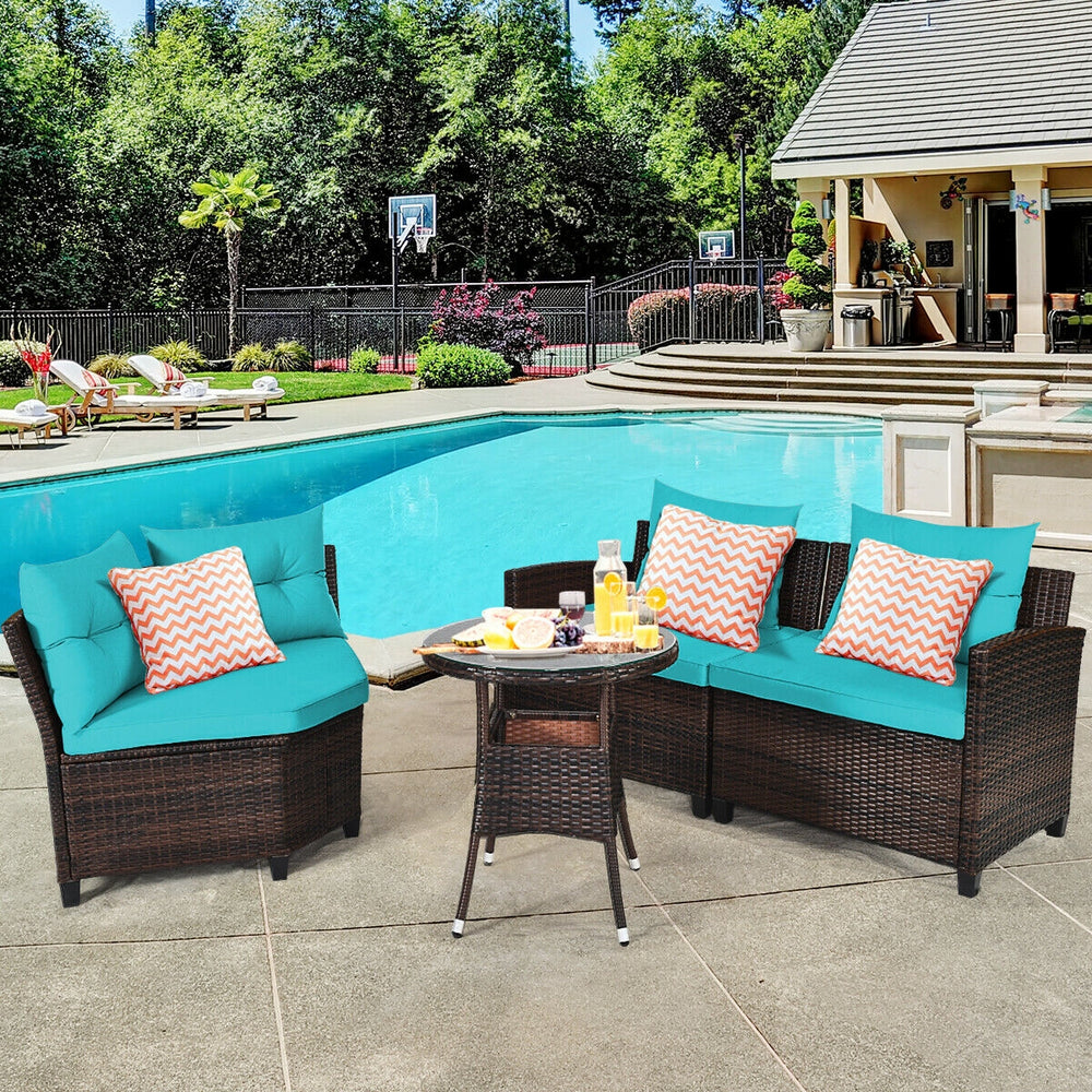 The sturdy and durable steel frame ensures sturdiness of the set<br>Tight and hand-woven rattan can withstand moderate rain or wind<br>Thick and soft cushion with a high-density sponge for your hip and back<br>Cover with the zipper of the seat cushion is 