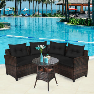 The sturdy and durable steel frame ensures sturdiness of the set<br>Tight and hand-woven rattan can withstand moderate rain or wind<br>Thick and soft cushion with a high-density sponge for your hip and back<br>Cover with the zipper of the seat cushion is 