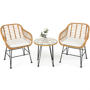 Premium wicker ensures high resistance to weather/sunlight/water<br>Heavy-duty steel frame with rust-resistant powder coated surface<br>High density sponge padded cushions provide great comfort<br>Tempered glass tabletop to place small decor  snacks and d
