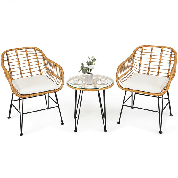 Premium wicker ensures high resistance to weather/sunlight/water<br>Heavy-duty steel frame with rust-resistant powder coated surface<br>High density sponge padded cushions provide great comfort<br>Tempered glass tabletop to place small decor  snacks and d