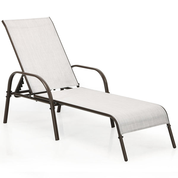 Don't leave the lounge chairs outside in rainy days for prolonging its' using life Made of Sun-proof and breathable fabric for long-lasting use  Powder-coated steel frame provides sturdy support Thick legs and anti-slip pads provide extra stability 5 adju