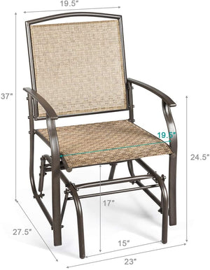 If you want to have a rocking chair to sit on and enjoy sunshine. This rocking chair is a good choice for you. Made of fabric and heavy iron construction  it is sturdy and durable to serve you for long time. Â  Â  The slightly sloping back and armrest wil