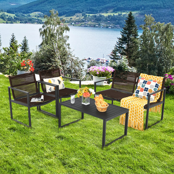 The patio conversation set is made of premium steel and durable polyester  which has a large load-bearing capacity and can be used for a long time. Â  The 4 pieces of patio furniture set will provide you and your family with a comfortable space for conver