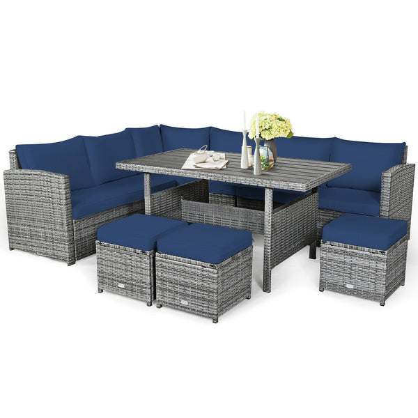 Packages include 3 loveseats  3 ottomans  1 table  6 seat cushions  7 back cushions  and instruction<br>Packages come in 4 boxes<br>Powder-coated steel structure provides strong durability and stability<br>All-weather and wear-resistant rattan ensures lon