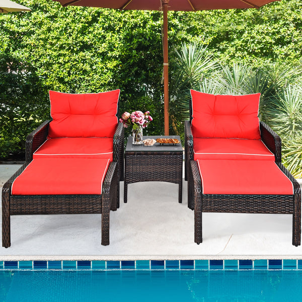Includes 2 single chairs  2 ottomans and a side table<br>Heavy-duty metal frame with great sturdiness<br>All-weather PE rattan durable for outdoor use<br>Long-lasting tempered glass table smooth for wiping<br>3" thick cushions for excellent softness<br>Re