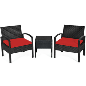 This rattan patio conversation set which will provide you a comfortable experience in your leisure time. Â  This set of outdoor furniture is made of high-quality rattan and strong steel  which is durable and has a long service life. The thick soft cushion