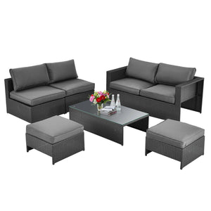 After working indoors for too long  people always want to go out for air and get close contact with nature. And our 6pcs patio furniture set provides a perfect outdoor relaxing place for you. Â  Our product features 1 loveseat  2 armless sofas  2 ottomans