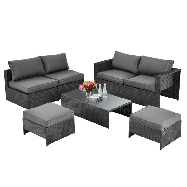 After working indoors for too long  people always want to go out for air and get close contact with nature. And our 6pcs patio furniture set provides a perfect outdoor relaxing place for you. Â  Our product features 1 loveseat  2 armless sofas  2 ottomans