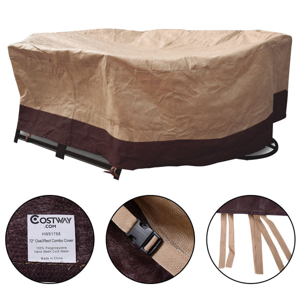 This outdoor oval/rect table cover whose material is high quality non-woven fabric.  Â  It provides protection for your outdoor furniture from most bad weather and dirt. Moreover  the material is aging resistance  it will not fade and tear easily  providi