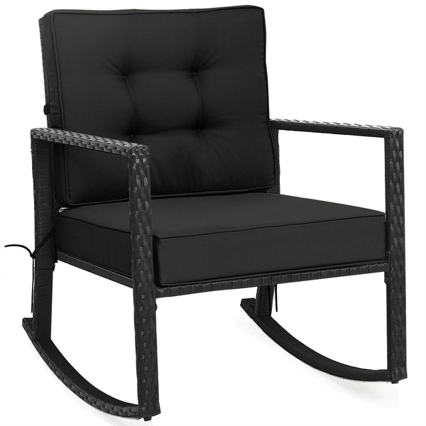 Sturdy and durable frame with exquisite rattan <br>Comfortable and safe rocking function <br>Thick and soft cushion for seat and back <br>Cushions are fixed by strings to prevent a move <br>Pads at the bottom can avoid sliding and protect rattan <br>Desig
