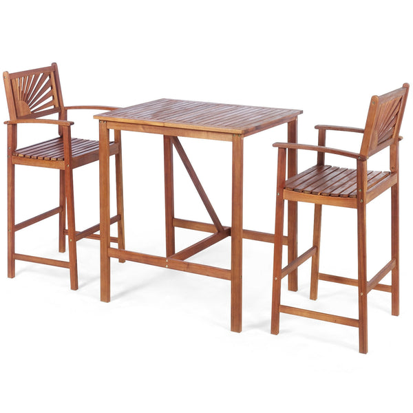 This patio bar set includes 1 bar table and 2 bar stools. Â  As a simple but elegant design with high durability and great comfort  our bar set will be your fabulous companion during outdoor leisure time. Made of high-quality acacia wood  the patio set po
