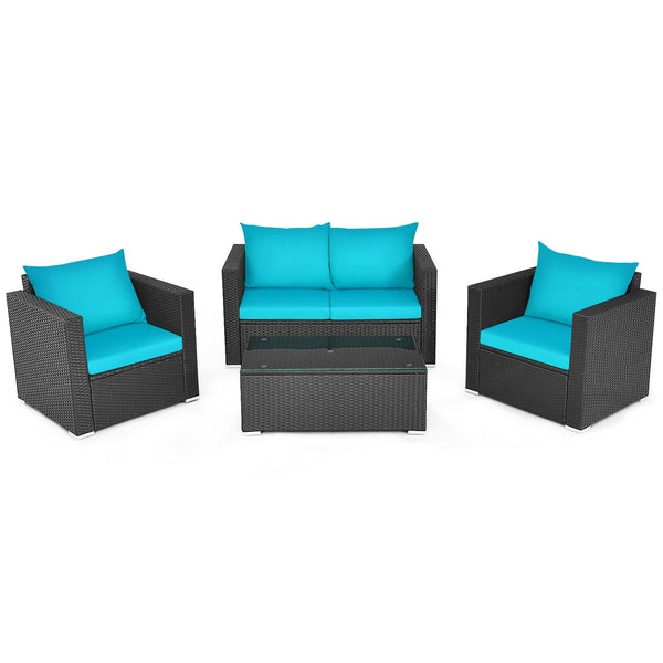 Including 1 x Table  2 x Single sofa  1 x Loveseat  4 x Seat cushion  4 x Back cushion  1 x Instruction<br>Stable steel frame can ensure a high-weight capacity<br>Weather-resistant PE rattan is durable enough for a long lifespan<br>Table and sofas come up