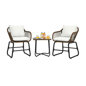 Including 2 x Armchair  1 x Square table  2 x Seat cushion  2 x Back cushion  1 x Instruction <br>Includes 2 armchairs  1 side table and 4 cushions <br>Weather-resistant PE rattan can be used for a long time <br>Armchair with solid construction can hold u