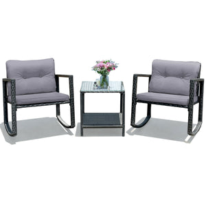 Including 1 table with tempered glass top and 2 rocking chairs <br>Sturdy and heavy steel frame ensures large weight capacity <br>High-quality PE wicker can withstand the moderate change in weather <br>Slightly sloping back and seat of the rocking chair o