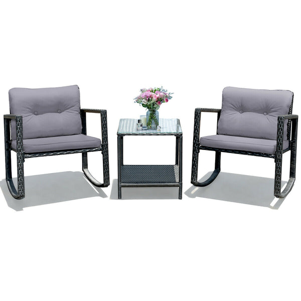 Including 1 table with tempered glass top and 2 rocking chairs <br>Sturdy and heavy steel frame ensures large weight capacity <br>High-quality PE wicker can withstand the moderate change in weather <br>Slightly sloping back and seat of the rocking chair o