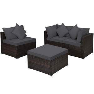 Includes 2 corner sofas  1armless table and 1 ottoman for versatile use<br>Sturdy powder-coated steel frame provides strong durability and stability<br>All-weather and wear-resistant PE rattan provides a long service life<br>Thick and soft sponge padded c