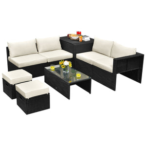 8-piece seat for more creative combinations<br>All weather PE rattan and rustproof steel frame for long time outdoor use<br>Sturdier and safer to use with high quality tempered glass tabletop<br>Soft and thick cushions for ultimate coziness<br>Hold the ot