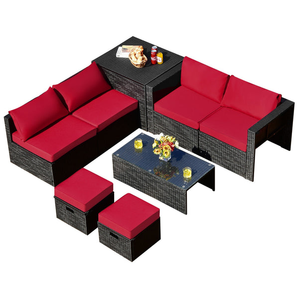 8-piece seat for more creative combinations<br>All weather PE rattan and rustproof steel frame for long time outdoor use<br>Sturdier and safer to use with high quality tempered glass tabletop<br>Soft and thick cushions for ultimate coziness<br>Hold the ot
