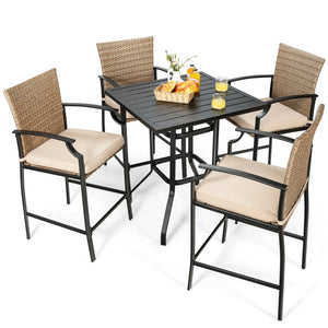 4 bar chairs and 1 bar table satisfy your multiple outdoor demands <br>Suitable for poolside  backyard  garden  etc. <br>Heavy-duty steel frame ensures high stability <br>Strong weight capacity: each chair 330 lbs and table 180 lbs <br>32" x 32" spacious 