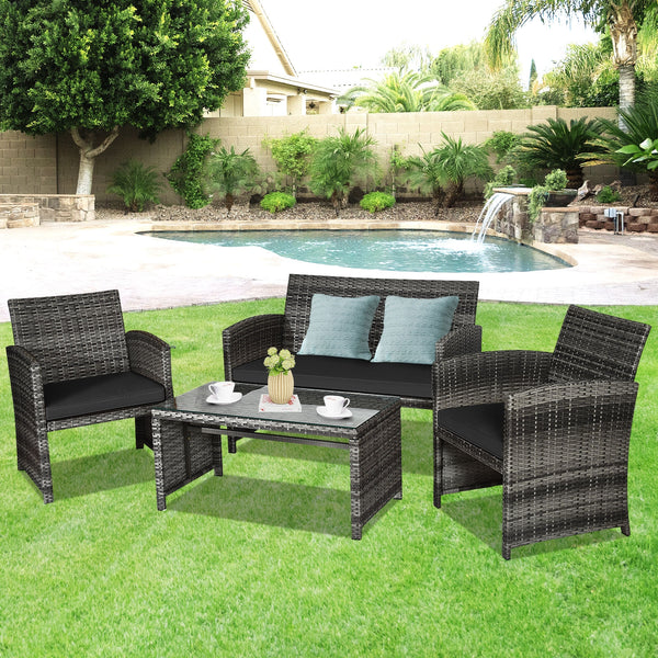 Rattan patio set includes one loveseat  two single chairs and one coffee table. <br>Made of high-quality rattan with strong built-in frame structure <br>Functional and beautiful design perfect for garden  backyard and balcony <br>Rattan coffee table with 