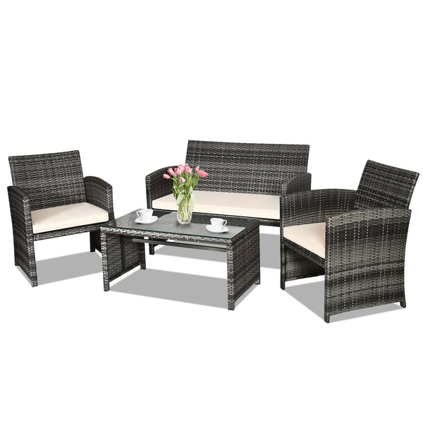 Rattan patio set includes one loveseat  two single chairs and one coffee table. <br>Made of high-quality rattan with strong built-in frame structure <br>Functional and beautiful design perfect for garden  backyard and balcony <br>Rattan coffee table with 