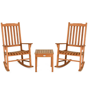 This eucalyptus rocking chair set is perfect for the patio  backyard  porch  garden or beach area. Â  This rocking chair set includes two wood rocking chairs and a coffee table  available for 2 people to relax. The wide backrest with wide batten and ergon