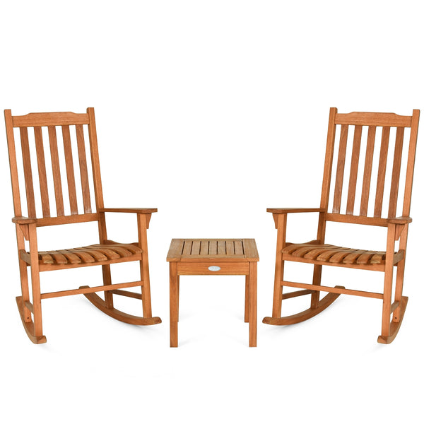 This eucalyptus rocking chair set is perfect for the patio  backyard  porch  garden or beach area. Â  This rocking chair set includes two wood rocking chairs and a coffee table  available for 2 people to relax. The wide backrest with wide batten and ergon