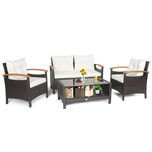 This 4-piece patio rattan conversation set will be a perfect addition to your backyard or other outdoor occasions. Â  Constructed of heavy-duty and anti-rust steel frame  all the loveseat  single sofas and coffee table can withstand strong weight. And the