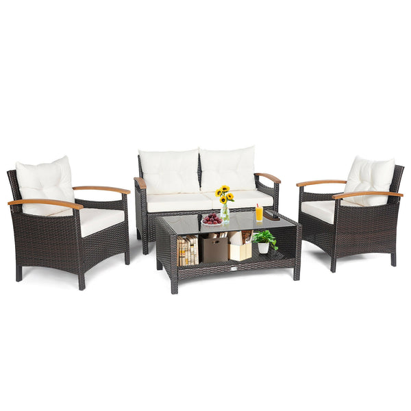This 4-piece patio rattan conversation set will be a perfect addition to your backyard or other outdoor occasions. Â  Constructed of heavy-duty and anti-rust steel frame  all the loveseat  single sofas and coffee table can withstand strong weight. And the