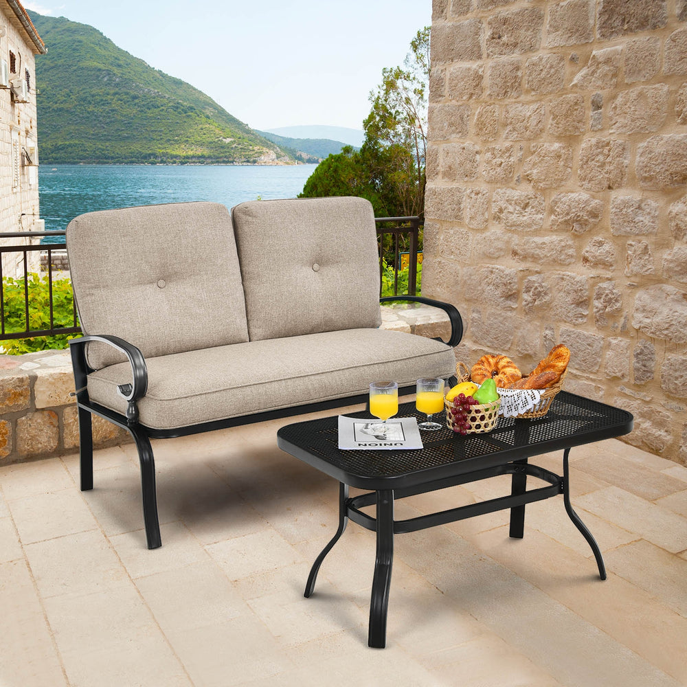 This premium outdoor patio conversation bench set will be a good choice for you. Â  This 2-Piece patio loveseat set includes 1 loveseat  1 coffee table  1 seat cushion and 2 back cushions  which is a great choice for your indoor and outdoor environment. Y