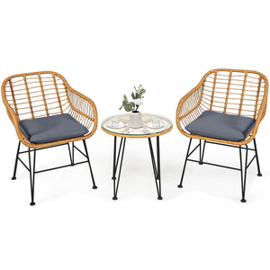 Premium wicker ensures high resistance to weather/sunlight/water<br>Heavy-duty steel frame with rust-resistant powder coated surface<br>High density sponge padded cushions provide great comfort<br>Tempered glass tabletop to place small decor  snacks and d