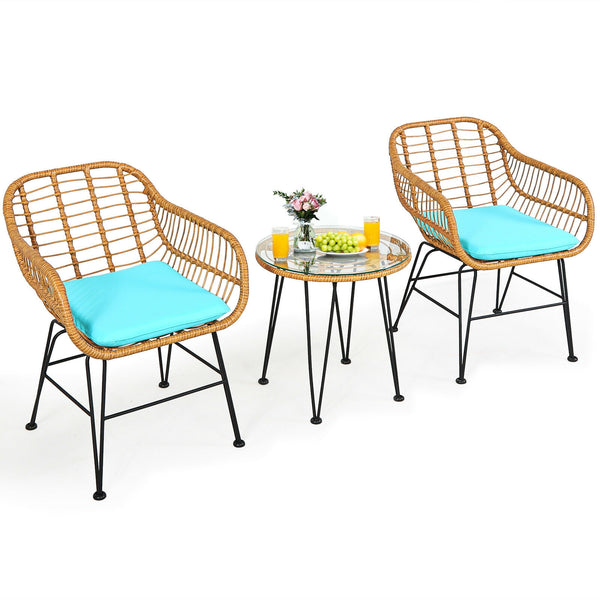 Premium wicker ensures high resistance to weather/sunlight/water<br>Heavy-duty steel frame with rust-resistant powder coated surface<br>High density sponge padded cushions provide great comfort<br>Tempered glass tabletop to place small decor  snacks and d