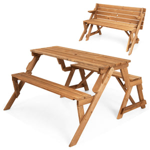 A piece of outdoor furniture that combines a picnic table and garden bench as one for great convenience! Â  When it serves as an outdoor picnic table  it can accommodate 4 people  which is great for outdoor gatherings. Meanwhile  the built-in umbrella hol
