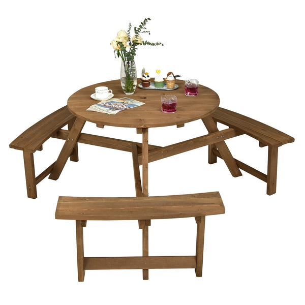 Have a wonderful gathering time with this round wooden picnic table! Â  Holding up to 6 people  this round wooden picnic table is suitable for family or friends gathering to spend an enjoyable leisure time. In order to build a durable outdoor round picnic