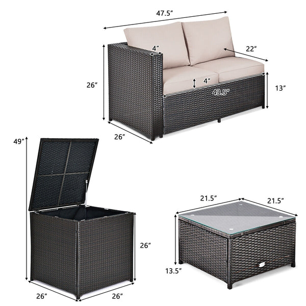 Made of rattan with good toughness and weather-resistant function<br>Reinforced steel frame with excellent stability<br>Padded seat and back cushions for soft and comfortable sitting feeling<br>Coffee table with tempered glass for strong supporting<br>End