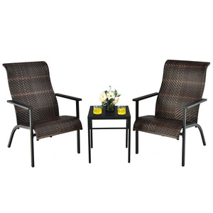 Made of weather-resistant PE rattan and thickened steel pipes with powder coating  this outdoor bistro set can stand the test of time. Â  Which also can be a beautiful addition to your garden  lawn  backyard  patio  balcony or other indoor areas. With com