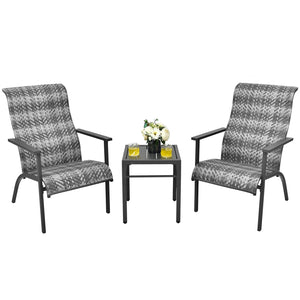 Made of weather-resistant PE rattan and thickened steel pipes with powder coating  this outdoor bistro set can stand the test of time. Â  Which also can be a beautiful addition to your garden  lawn  backyard  patio  balcony or other indoor areas. With com