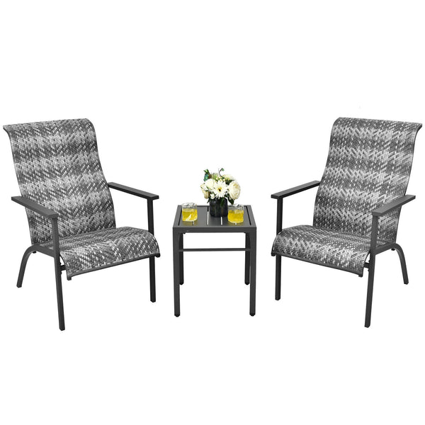 Made of weather-resistant PE rattan and thickened steel pipes with powder coating  this outdoor bistro set can stand the test of time. Â  Which also can be a beautiful addition to your garden  lawn  backyard  patio  balcony or other indoor areas. With com
