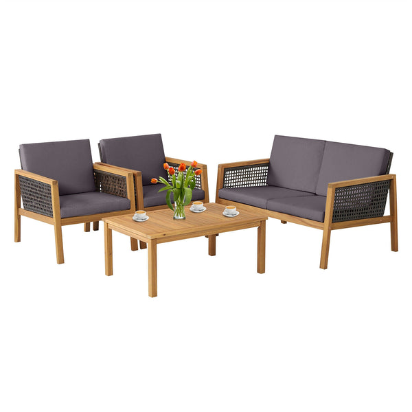 Come with 2 packages  may arrive separately <br>High quality acacia wood for steady performance and rustic touch <br>Withstand weather variations thanks to its all-weather mix of brown PE rattan <br>Bring a soft sitting experience with breathable and thic