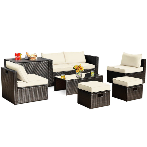 8-piece seat for more creative combinations Fetch different belongings with ease because of the practical coffee table Sturdier and safer to use with high quality tempered glass tabletop Soft and thick cushions for ultimate coziness Hold the ottomans' cus