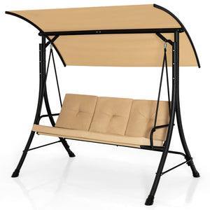 This outdoor porch swing with canopy can provide you with comfortable sitting feeling  letting you have a good leisure time and relieve stress. Â  The porch swing features heavy-duty steel frame  triangular base and solid springs hooks  bearing up to 800 