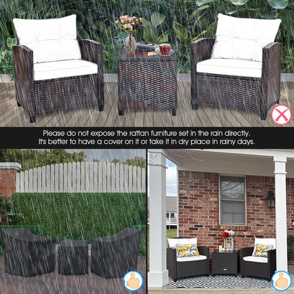 The strong and sturdy steel frame ensures the sturdiness of the set<br>Hand-woven rattan can withstand moderate rain or wind in outdoor<br>A wide armrest in suitable height is good for supporting and relaxing your arm<br>Thick and soft cushion with a high