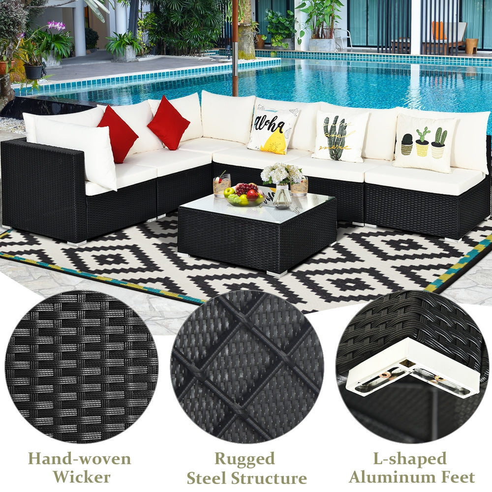 Free combination of sectional sofa as per your needs<br>Solid structure with L shape aluminum feet<br>Exquisite PE wicker frame adds unique charm<br>Comfortable sofa set with thick cushions and soft pillows<br>The cover of seat cushion is removable and wa
