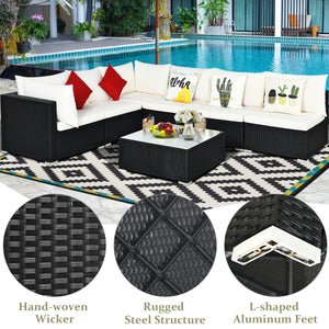 Free combination of sectional sofa as per your needs<br>Solid structure with L shape aluminum feet<br>Exquisite PE wicker frame adds unique charm<br>Comfortable sofa set with thick cushions and soft pillows<br>The cover of seat cushion is removable and wa